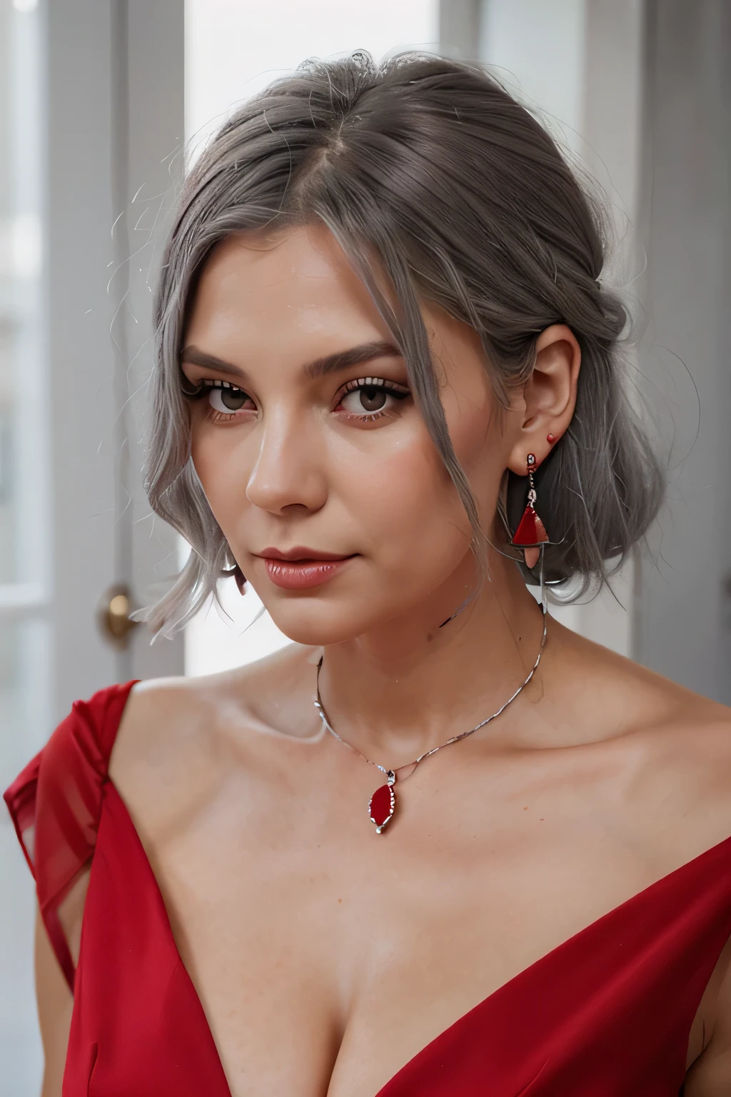Woman with gray hair, yeux gris, royalties, red dress, Red jewelry, earrings&#39;red ears, Lunar, la noblesse, noble, High quality, very detailed, detailed face, head of&#39;artwork, castle, drink tea, jardin, fleurs, lights