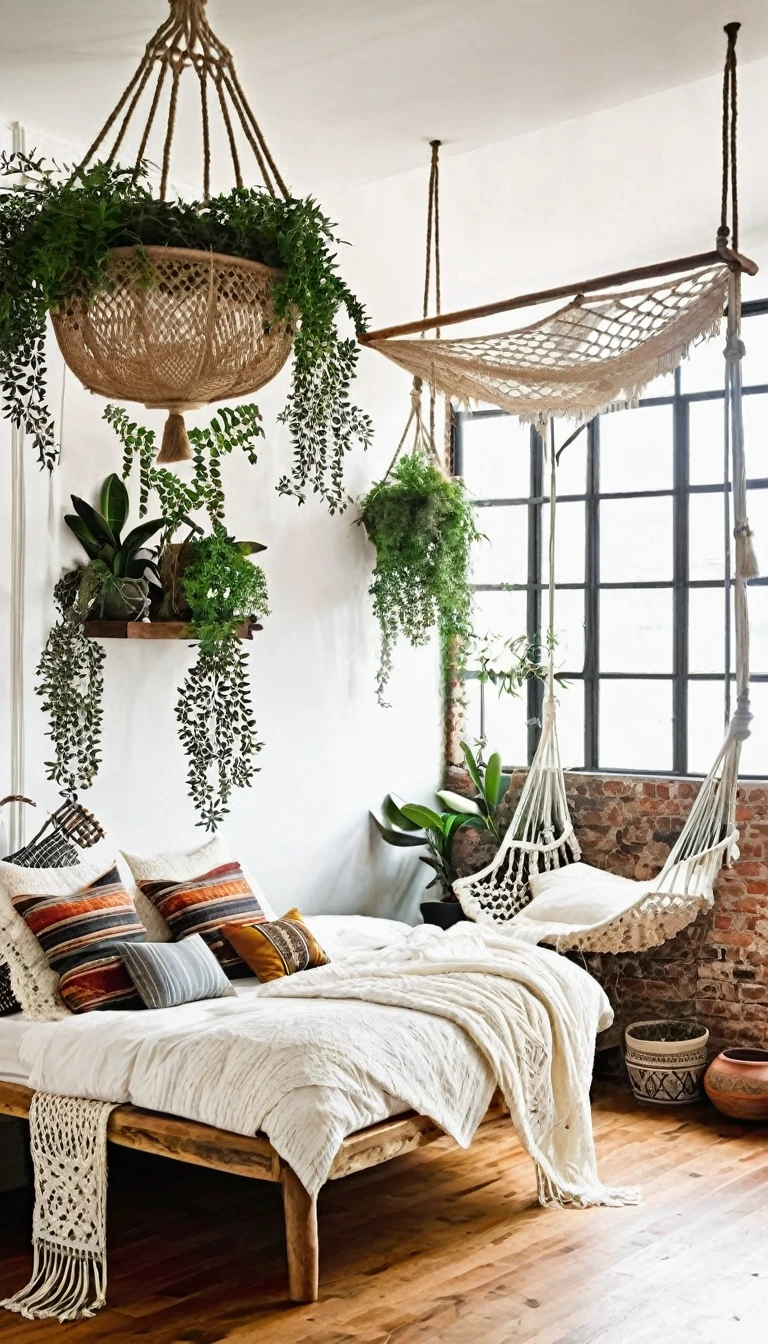 Bohemian loft bedroom with a hanging macramé hammock bed, living plant wall, moroccan lanterns, and a spiral staircase leading to a cozy reading nook