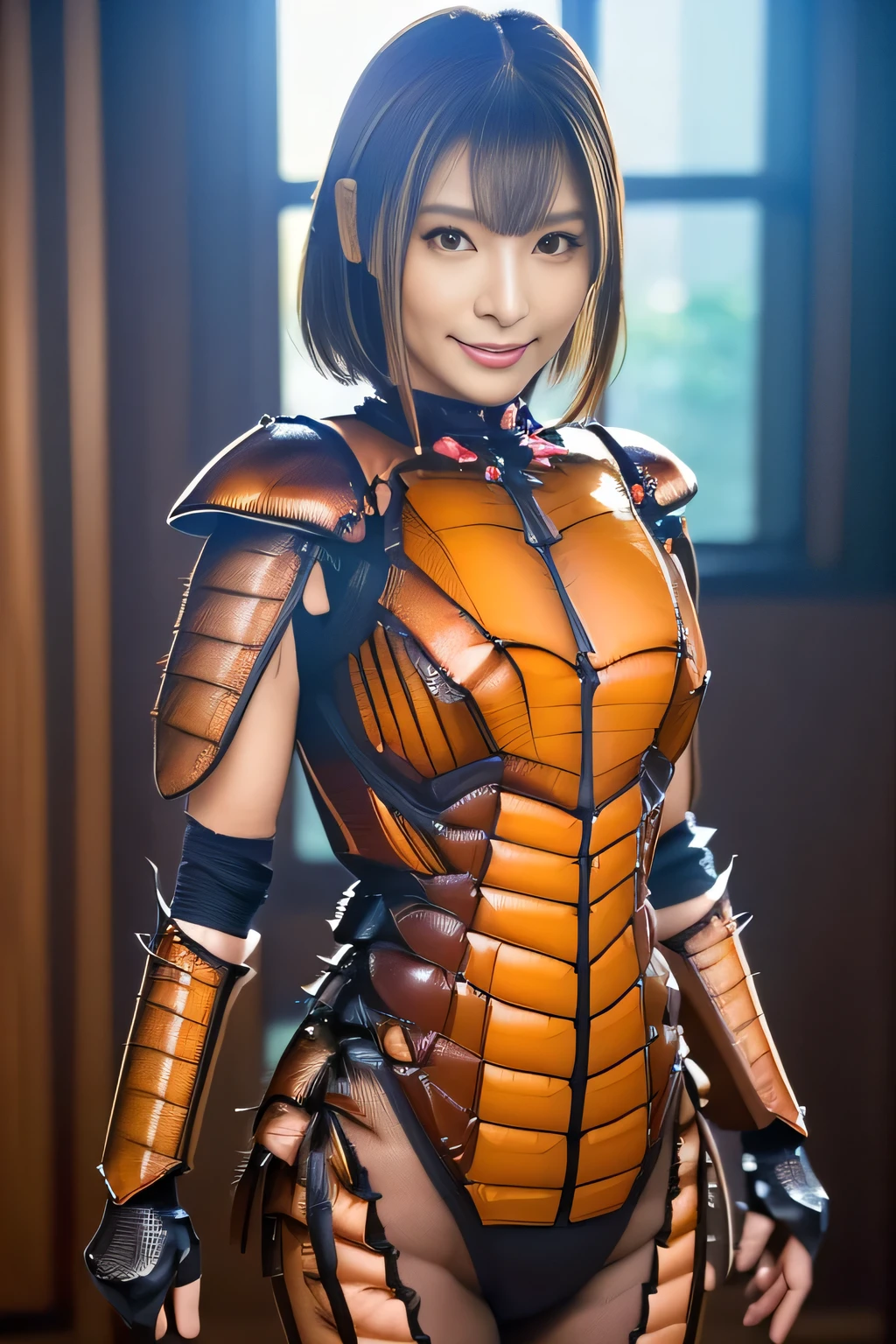(high resolution,masterpiece,best quality,extremely detailed CG, anime, official art:1.4), realistic, photo, amazing fine details, all intricate, gloss and shiny,awesome many layers, 8k wall paper, 3d, sketch, kawaii, illustration,( solo:1.4), perfect female proportion,villainess, (fusion of dark brown cockroach and lady:1.4), (brown cockroach form lady:1.2), (brown cockroach lady:1.2), (fusion:1.2), (solo:1.4), (evil smile:1.2), muscular, abs, (cockroach brown exoskeleton bio insect suit:1.4), (cockroach brown exoskeleton bio insect armor:1.2), (brown transparency cockroach wing:1.4), (brown cockroach antennae:1.3),