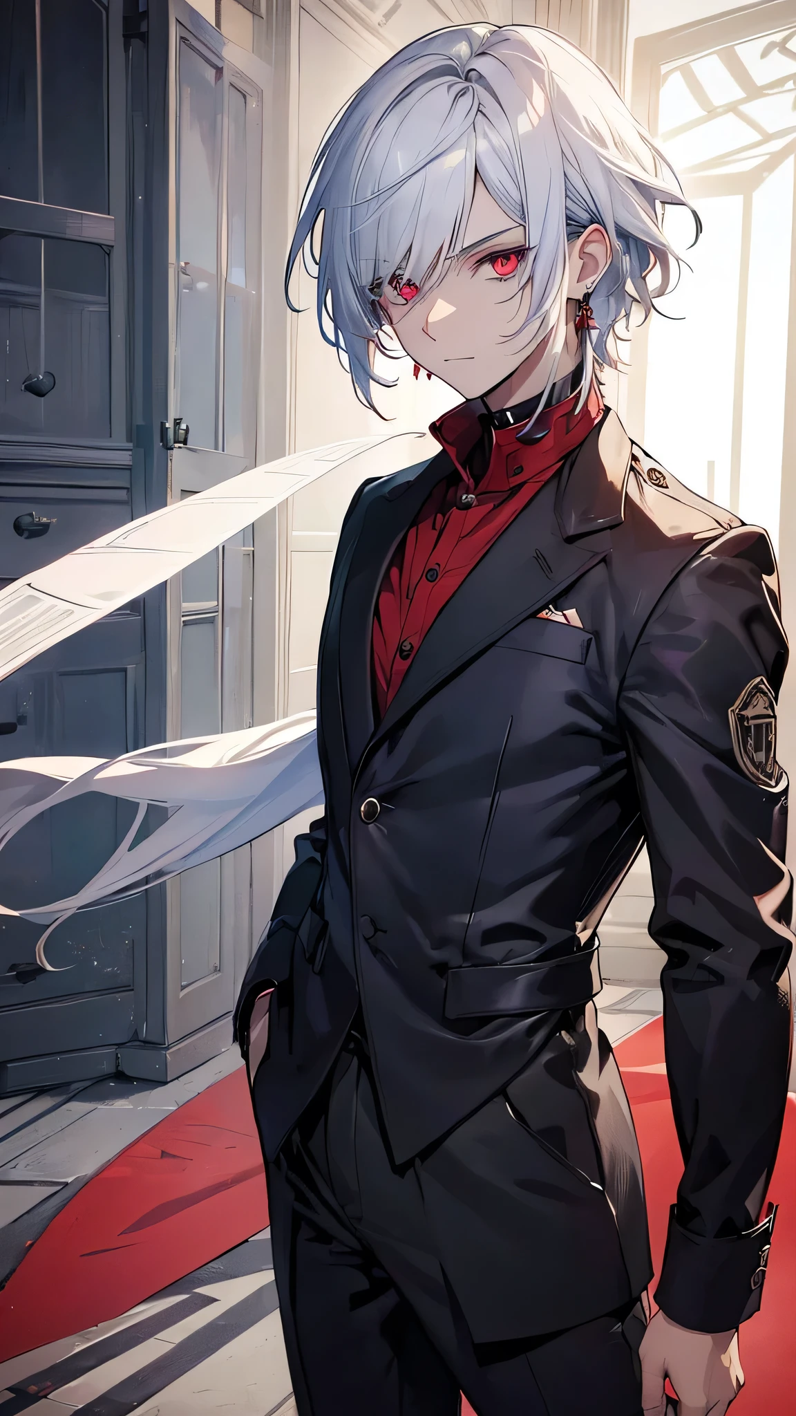 (Highest quality,Super detailed,Realistic:1.37),A boy with white hair and dark red eyes,It gives off a dark aura. He seems to have both human and demonic qualities., With sharp devilish features. He wears an earring in one ear, This adds to his mysterious and attractive appearance.. The hair and eyes are also very detailed., Capture the intensity of each hair and red eye. The overall image should have a Realistic and photoRealistic quality, Vibrant colors accentuate the contrast between the boy&#39;s appearance and the dark atmosphere.. The lighting should be dramatic., Use shadows to add depth to character features. The art style can be a mix of concept art and anime, blending Realistic elements with a touch of fantasy. The image should have a dark and moody tone, Enhances the mystical and supernatural atmosphere.Looking at this,Face is close,Wearing an all black suit,