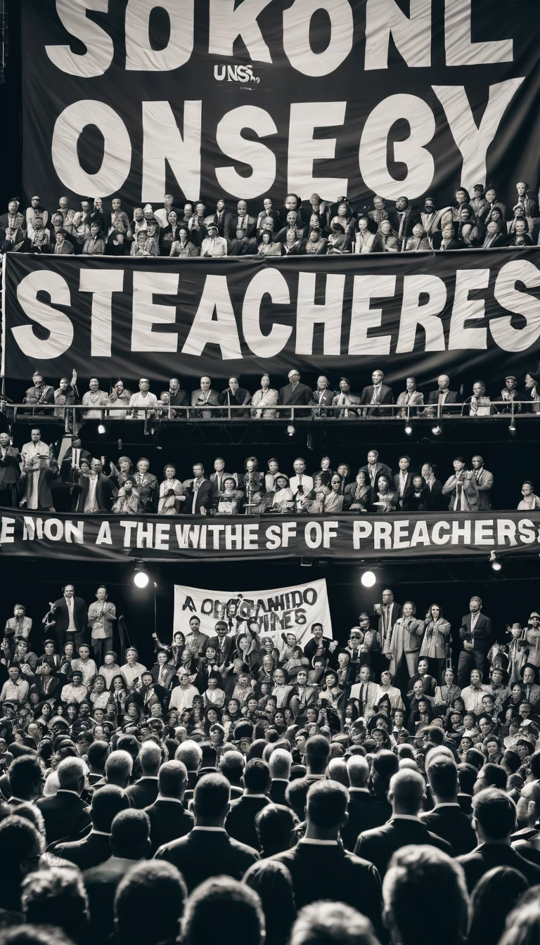 "A crowd of preachers on a stage, each dressed differently and wielding microphones, with intense expressions and emphatic gestures. Ao fundo, a large banner with the words &#39;Many Will Come in My Name&#39; highlighted in large, striking letters. The crowd of preachers varies in appearance, representing different cultures and styles, everyone clamoring for attention. Among them, some figures have a dark aura, with strange shadows or lights, symbolizing deception and falsehood. The audience below is divided, with some people looking confused and others in adoration. The atmosphere is charged with tension, capturing Jesus&#39; warning about false prophets."