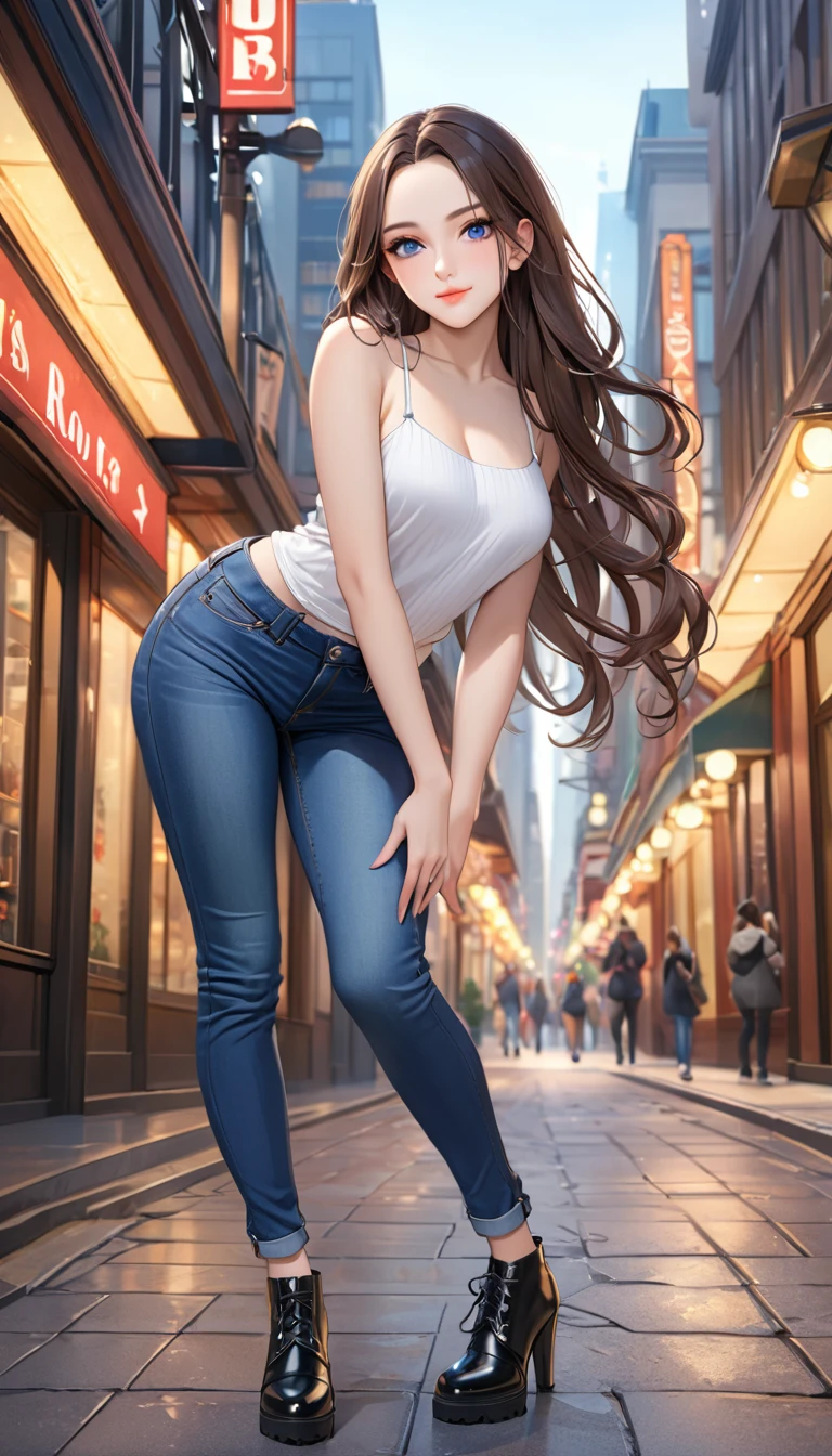 ((best quality, masterpiece:1.3, 8K)), (detailed), highly detailed face and skin texture, detailed eyes, downtown, full body, seductive pose, slender body, 1girl, 25 years old, white skin, bright lips, seductive smile, long hair, (forehead:1.0), stylish top, jeans pants, skinny jeans, blue jeans, footwear, 