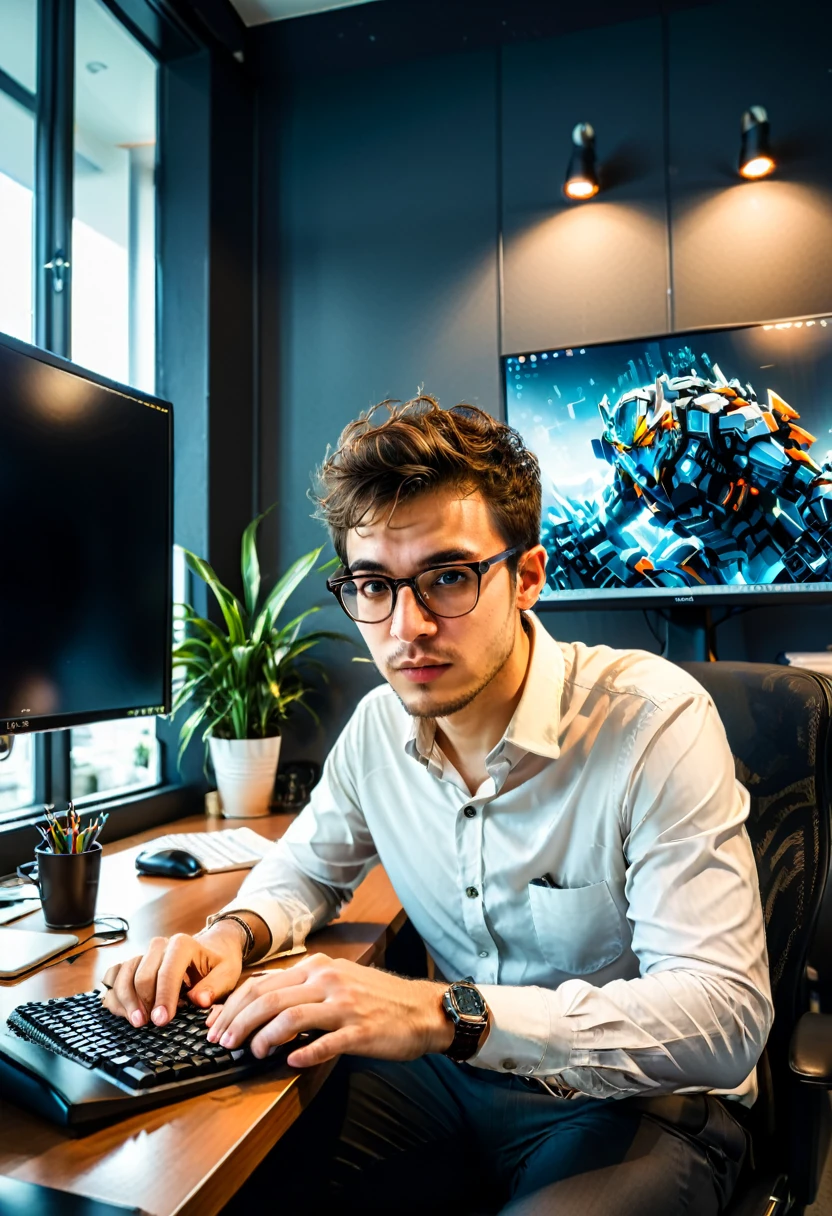 (Wearing Glasses), lyoung programmers sitting in the corner of the office, glasses slightly reflecting in the screen light, fingers quickly typing code on the keyboard, background in quiet office, full body, (Photography), panoramic view, award-winning, cinematic still, emotional, vignette, dynamic, vivid, (masterpiece, best quality, Professional, perfect composition, very aesthetic, absurdres, ultra-detailed, intricate details:1.3)