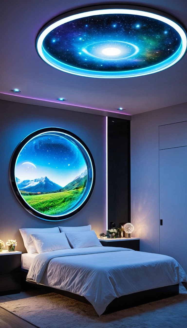 Futuristic sleep pod bedroom with smart glass windows, levitating orb lights, integrated aromatherapy system, and a holographic art gallery wall