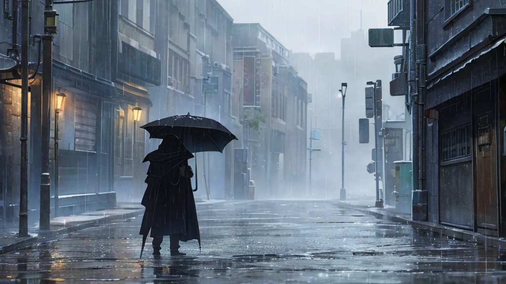 In a dark and damp alley, by the light of a flickering street lamp, a hooded figure holds an umbrella as he watches raindrops slide across the asphalt. ao redor, Faded posters pasted on brick walls indicate past events, in a city that seems forgotten by time.