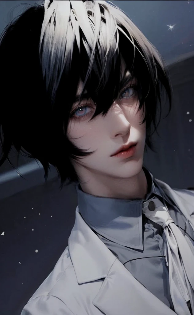 (masterpiece,best quality,ultra_detailed,highres,absurdres),1 mature male, 30-ish, (wide shoulder), (muscular), male focus, solo, black hair, chain, shirt, black necktie, necktie, simple background, Red eyes, upper body, vest, long hair, looking at viewer, parted lips, collared shirt, round eyewear, long sleeves, black shirt, black vest, monocle, jewelry, lawyer, court background.