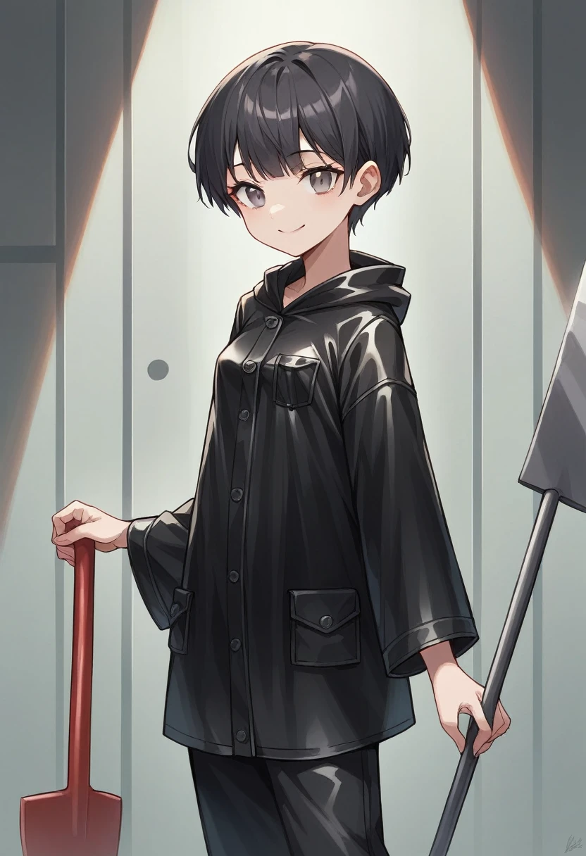 ((very tall girl)), 1 girl, full height, black very short hair, small breasts, in a long ((((black)))) leather raincoat, raincoat unbuttoned, small breasts, gray eyes, smiling, T-shirt and pants under the raincoat, holding a long shovel in her hands, 1 girl in the frame, black raincoat