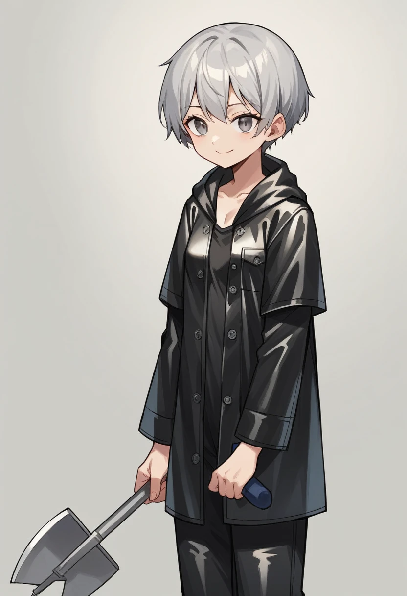 ((very tall girl)), 1 girl, full height, black very short hair, small breasts, in a long ((((black)))) leather raincoat, raincoat unbuttoned, small breasts, gray eyes, smiling, T-shirt and pants under the raincoat, holding a long shovel in her hands, 1 girl in the frame, black raincoat