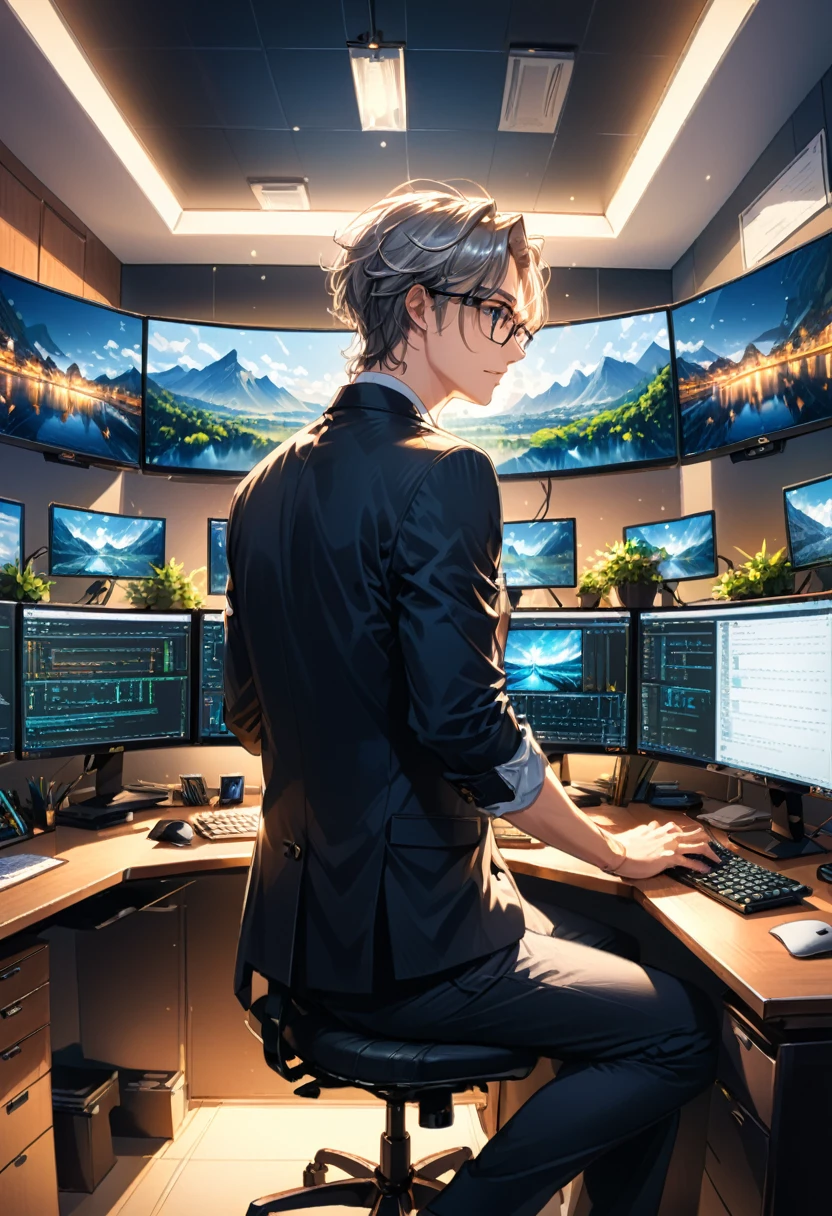 (Wearing Glasses), lyoung programmers sitting in the corner of the office, glasses slightly reflecting in the screen light, fingers quickly typing code on the keyboard, background in quiet office, full body, (Photography), panoramic view, award-winning, cinematic still, emotional, vignette, dynamic, vivid, (masterpiece, best quality, Professional, perfect composition, very aesthetic, absurdres, ultra-detailed, intricate details:1.3)