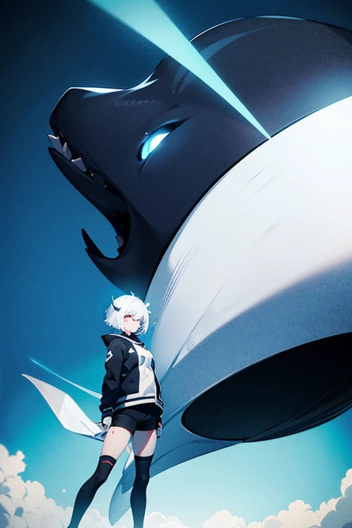 (white short hair)(red eye)(Eyes without highlights)(Wear a black mask)(In the dark alleys)(Gloomy environment)(Eyes emit blue U-light)(Riding a big dark blue monster whale in the sky)4K