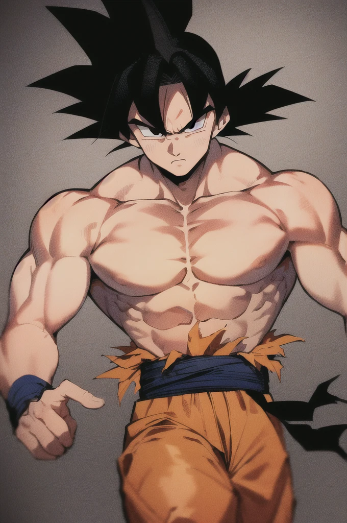son goku, 1boy, closed mouth, male focus, muscular, muscular male, rock, sash, serious, solo, spiked hair, topless male, torn clothes, ultra instinct, black eyes, black hair, ((masterpiece))