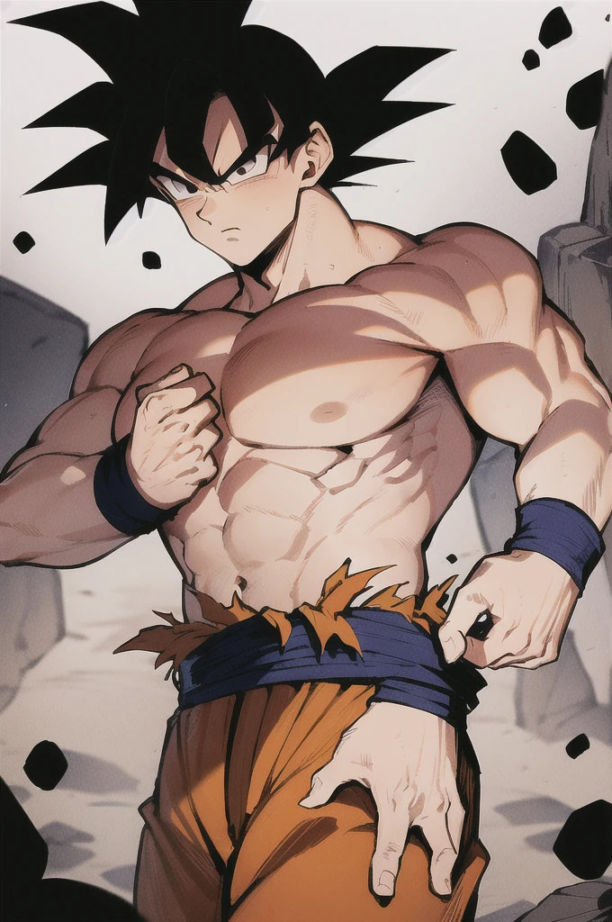 son goku, 1boy, closed mouth, male focus, muscular, muscular male, rock, sash, serious, solo, spiked hair, topless male, torn clothes, ultra instinct, black eyes, black hair, ((masterpiece))