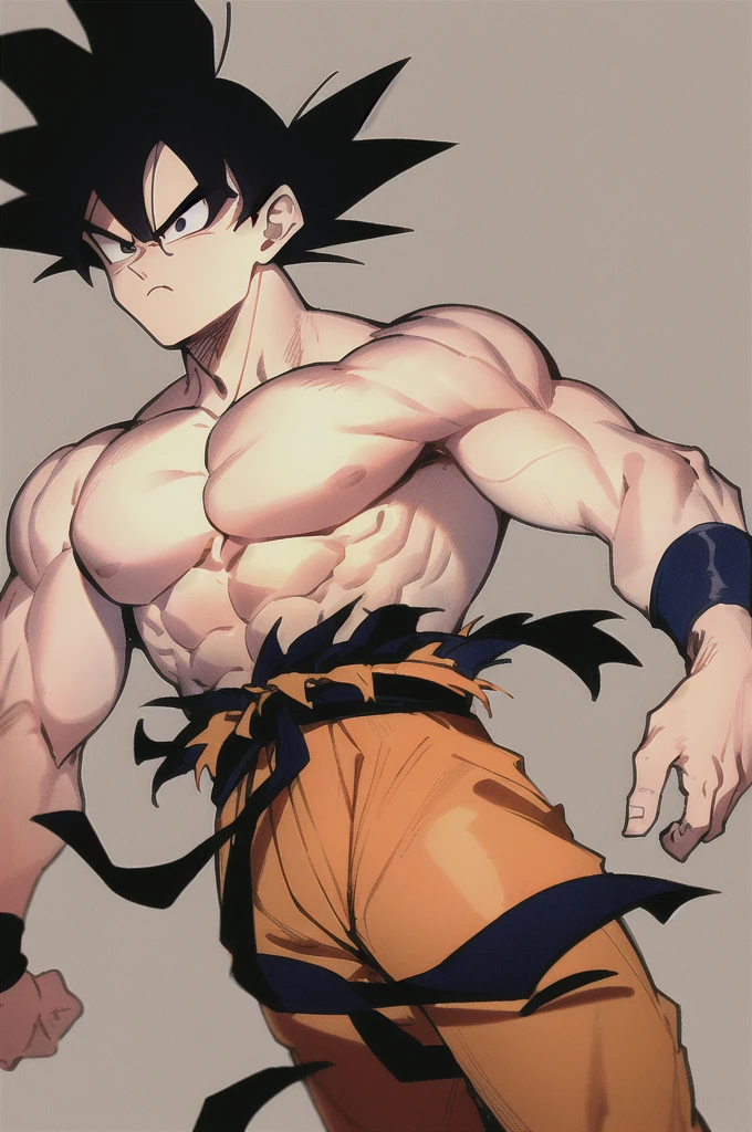 son goku, 1boy, closed mouth, male focus, muscular, muscular male, rock, sash, serious, solo, spiked hair, topless male, torn clothes, ultra instinct, black eyes, black hair, ((masterpiece))