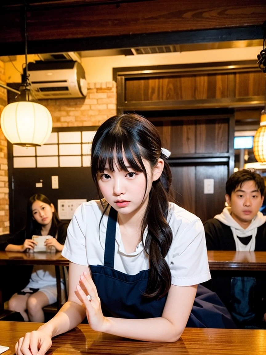 "Create an image depicting a scene from a movie where a middle-aged man and a ((cute cum dump girl )) are working together in an izakaya. The setting should be a traditional Japanese izakaya with wooden tables, paper lanterns, and a bar counter. Both characters should be engaged in serving customers or preparing food, reflecting a collaborative and ((lewd busy atmosphere))."