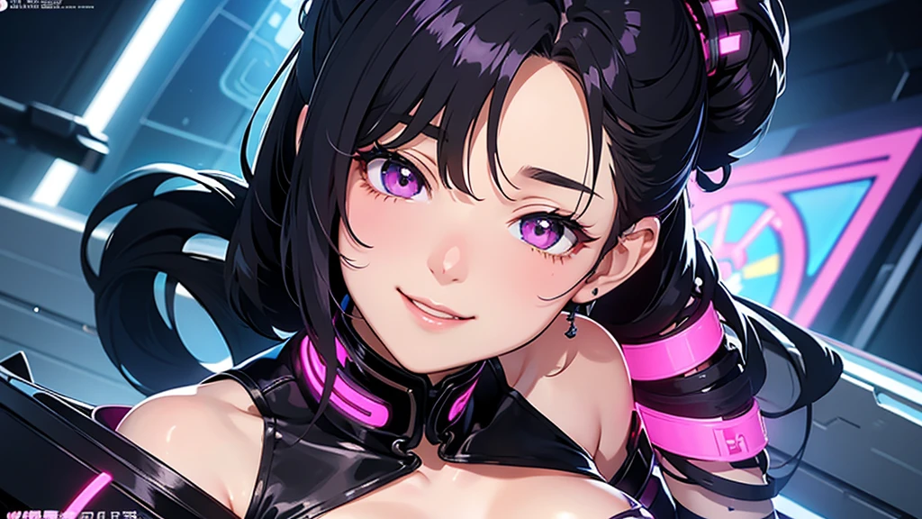 １Characters only。Anime key visual。cyber punk。Chest close-up。 Menhera short updo big breasted prostitute high school girl in evening dress。 Sexy pose、Tilt your face、slouch、blush、Watery eye、smile。