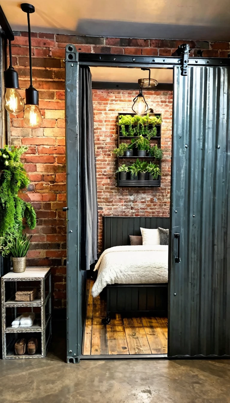 Rustic-industrial bedroom with a repurposed shipping container bed frame, exposed brick accent wall with vertical garden, Edison bulb chandelier, and a sliding barn door revealing a luxury en-suite bathroom
