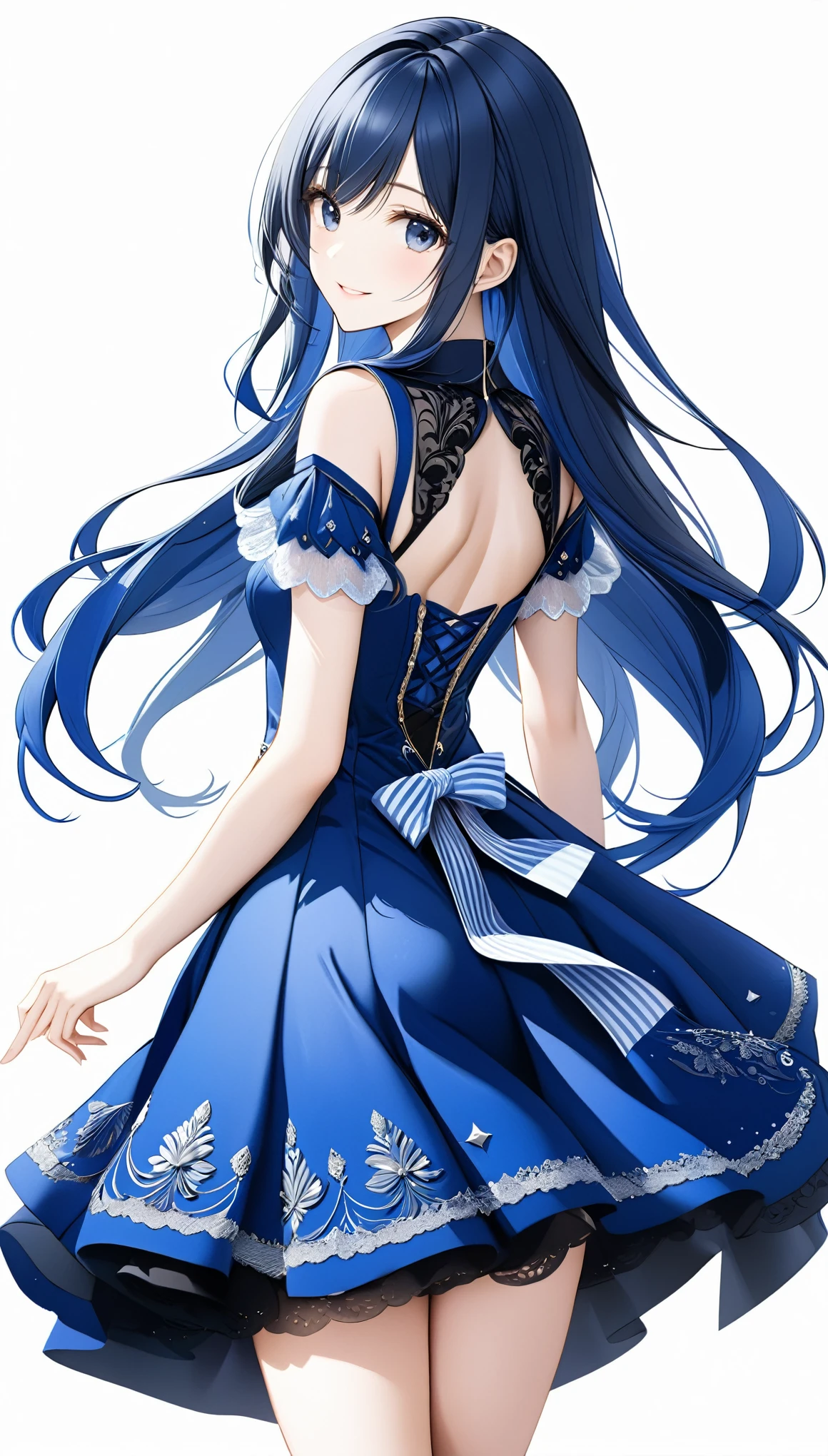 (((White background:1.5)))、(very wide shot)、(masterpiece、Ultra HD、Highest quality、Masterpiece、4K:1.2)、Slender body,Scandinavian Metal Girl, Intricate details, Highly detailed eyes, Highly detailed fingers、Blue semi-long hair、Blue Gothic Dress, Are standing、smile、happiness、whole body、(((look back:1.5)))
