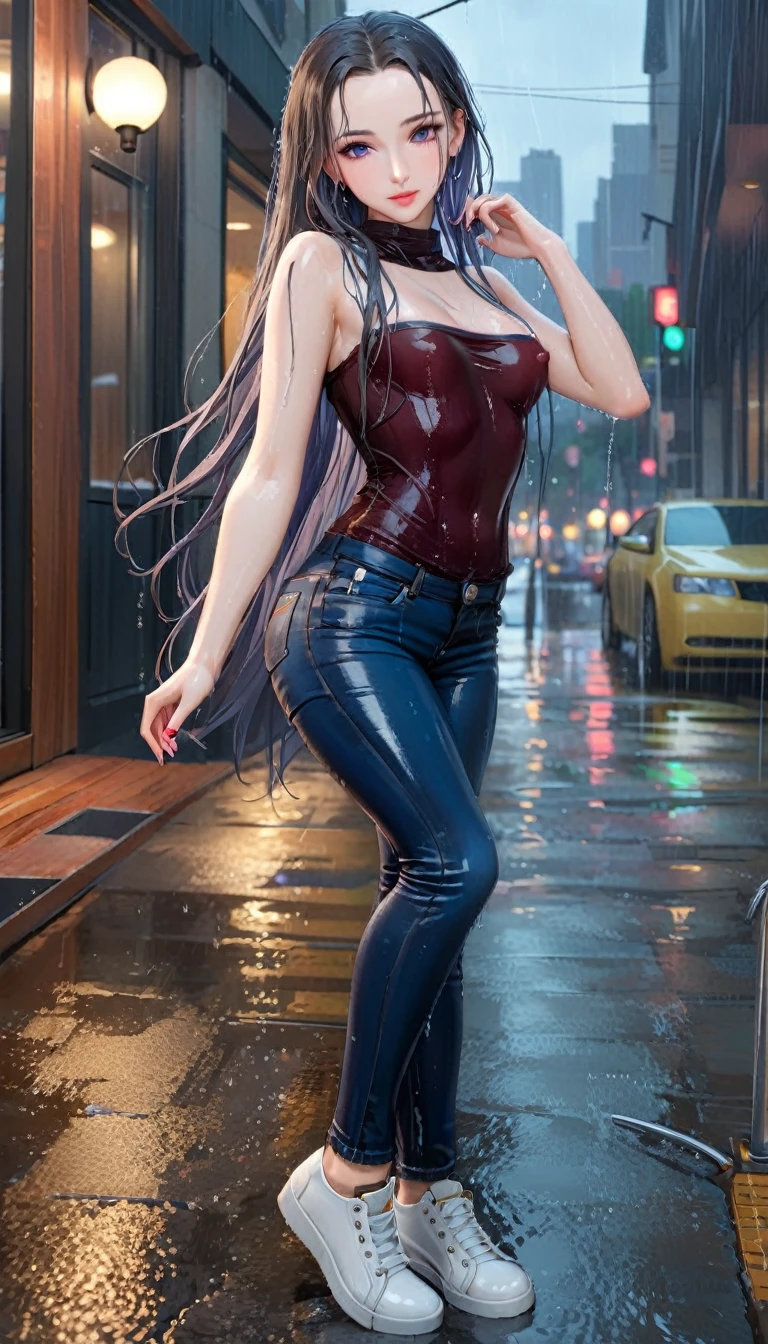 ((best quality, masterpiece:1.3, 8K)), (detailed), highly detailed face and skin texture, detailed eyes, downtown, rain. raining, in the rain, full body, seductive pose, slender body, 1girl, 25 years old, white skin, bright lips, seductive smile, long hair, wet hair, (forehead:1.0), stylish top, hard nipples, jeans pants, skinny jeans, blue jeans, footwear, soaking wet clothes,