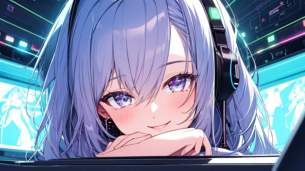 a beautiful woman smiling and having fun listens to electronic music in her room, close-up, wears modern casual clothes, LED and neon lighting, high definition, high resolution, intricate details, anime style 2d flat