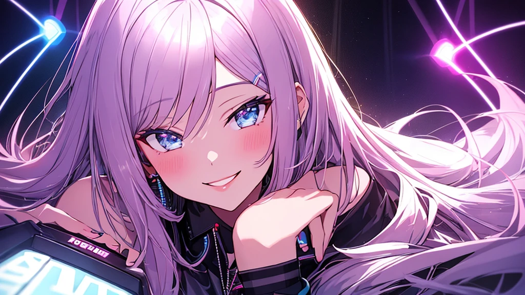 a beautiful woman smiling and having fun listens to electronic music in her room, close-up, wears modern casual clothes, LED and neon lighting, high definition, high resolution, intricate details, anime style 2d flat
