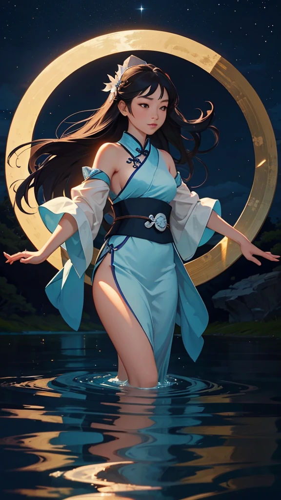 Under the silver moonlight, a young Chinese woman glides gently on her small boat down the peaceful river. Your delicate face is illuminated by the moonlight, reflected in the surface of the water surrounding your boat. She glides gracefully, long dark hair flowing delicately in the night wind. Her Chinese silk robes flow elegantly as she sails, absorbing the serenity of the moment. The river is like a mirror that duplicates the beauty of the night sky above, creating an idyllic and ethereal image. Right now, the young woman seems to be in harmony with the nature that surrounds her, your journey on the river lit only by moonlight.