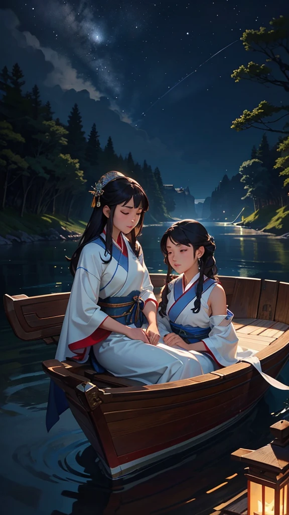 Under the silver moonlight, a young Chinese woman glides gently on her small boat down the peaceful river. Your delicate face is illuminated by the moonlight, reflected in the surface of the water surrounding your boat. She glides gracefully, long dark hair flowing delicately in the night wind. Her Chinese silk robes flow elegantly as she sails, absorbing the serenity of the moment. The river is like a mirror that duplicates the beauty of the night sky above, creating an idyllic and ethereal image. Right now, the young woman seems to be in harmony with the nature that surrounds her, your journey on the river lit only by moonlight.