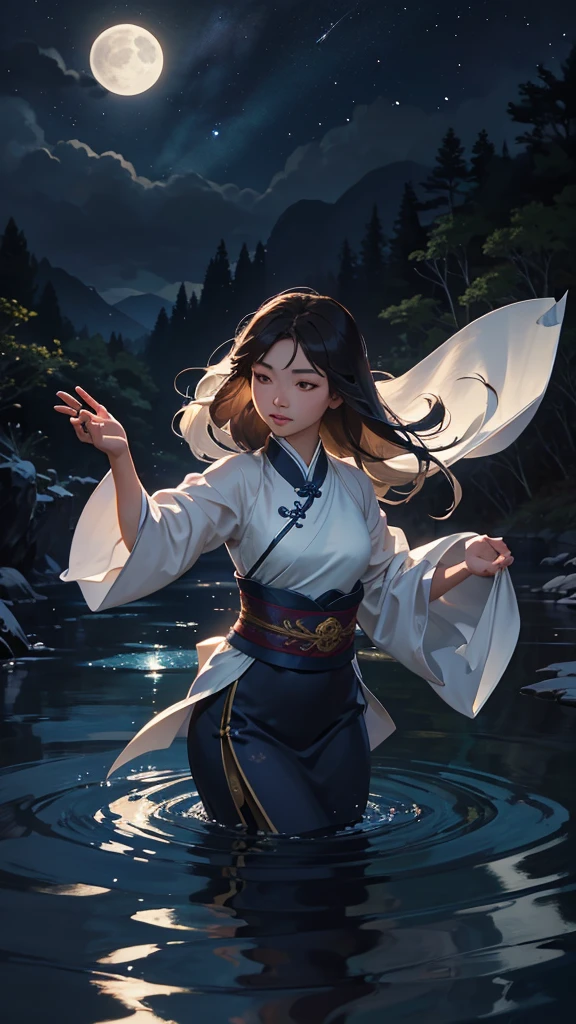 Under the silver moonlight, a young Chinese woman glides gently on her small boat down the peaceful river. Your delicate face is illuminated by the moonlight, reflected in the surface of the water surrounding your boat. She glides gracefully, long dark hair flowing delicately in the night wind. Her Chinese silk robes flow elegantly as she sails, absorbing the serenity of the moment. The river is like a mirror that duplicates the beauty of the night sky above, creating an idyllic and ethereal image. Right now, the young woman seems to be in harmony with the nature that surrounds her, your journey on the river lit only by moonlight.