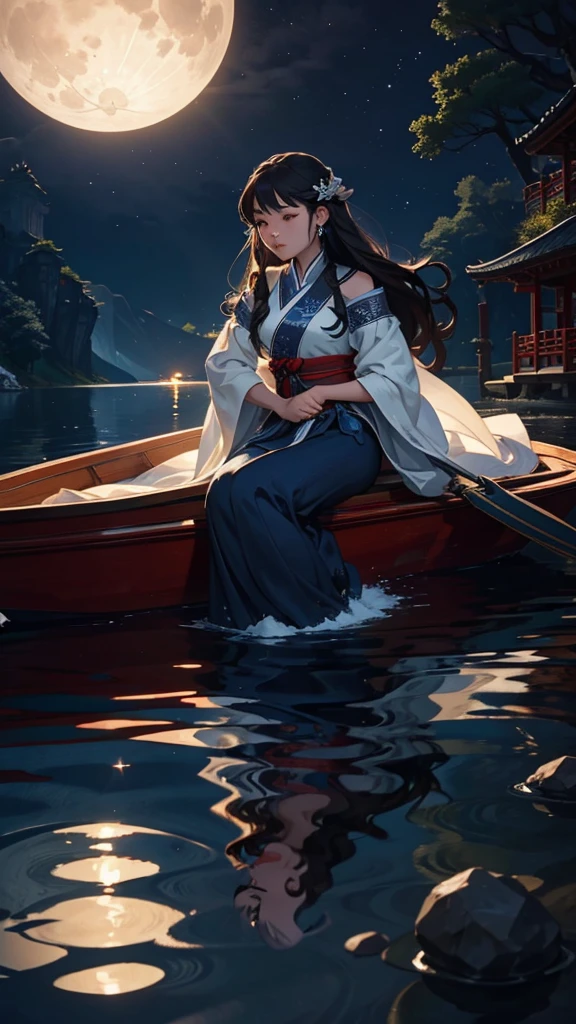 Under the silver moonlight, a young Chinese woman glides gently on her small boat down the peaceful river. Your delicate face is illuminated by the moonlight, reflected in the surface of the water surrounding your boat. She glides gracefully, long dark hair flowing delicately in the night wind. Her Chinese silk robes flow elegantly as she sails, absorbing the serenity of the moment. The river is like a mirror that duplicates the beauty of the night sky above, creating an idyllic and ethereal image. Right now, the young woman seems to be in harmony with the nature that surrounds her, your journey on the river lit only by moonlight.