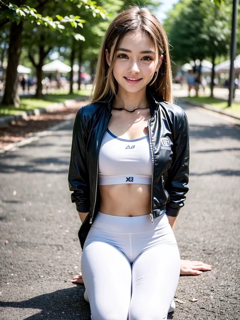 (((Open Stance)))、15 years old、1 Girl, solo, Sports Bra、(((Pedestrian precinct)))、Flight jacket、Squat、White leggings pants、Place your arms behind your back、Beautiful knees、smile、