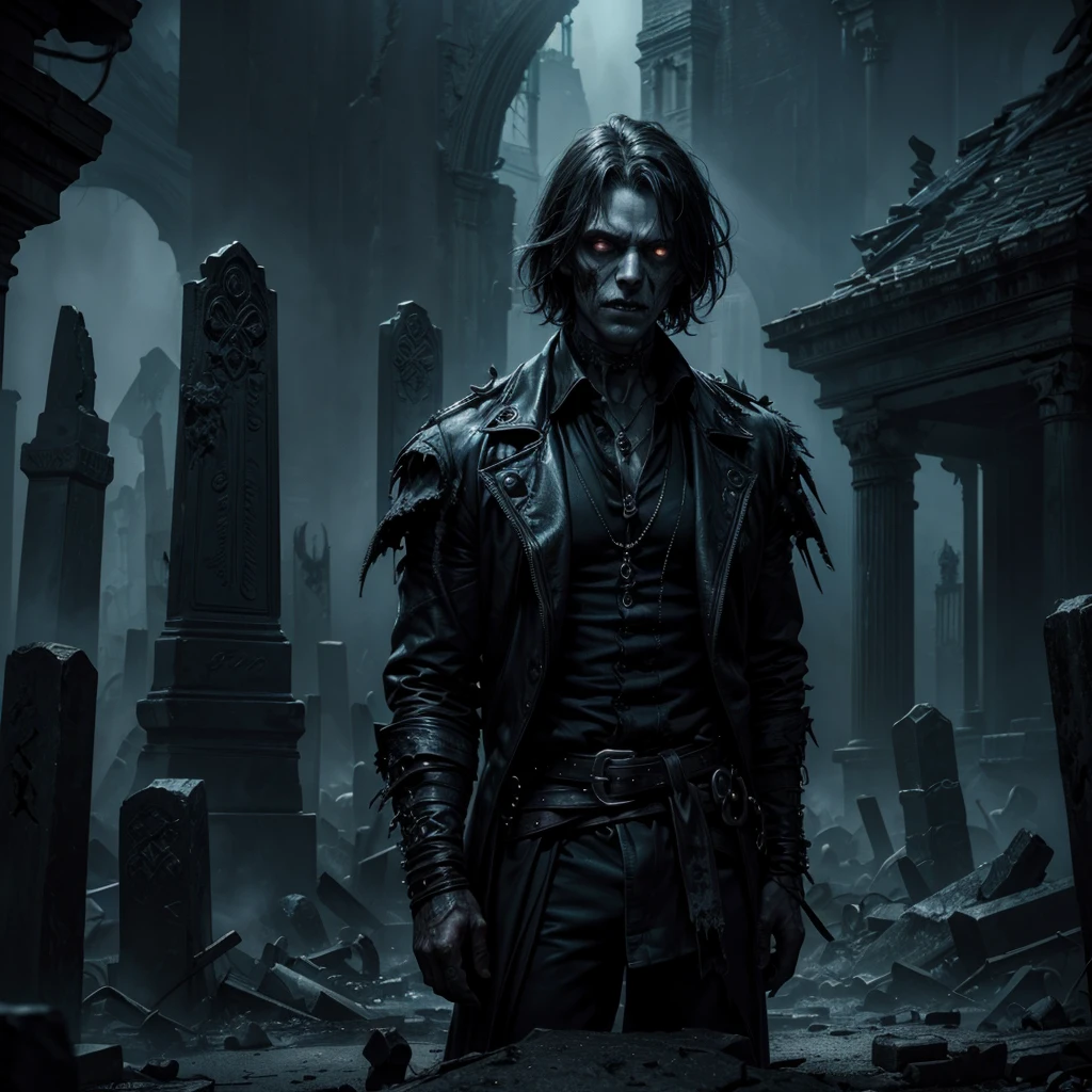 a group of undead men and women, ruined city, broken tombstones, mysterious illuminated eyes, dark atmosphere, horror, gothic, muted colors, dramatic lighting, highly detailed, cinematic, (best quality,4k,8k,highres,masterpiece:1.2),ultra-detailed,(realistic,photorealistic,photo-realistic:1.37)