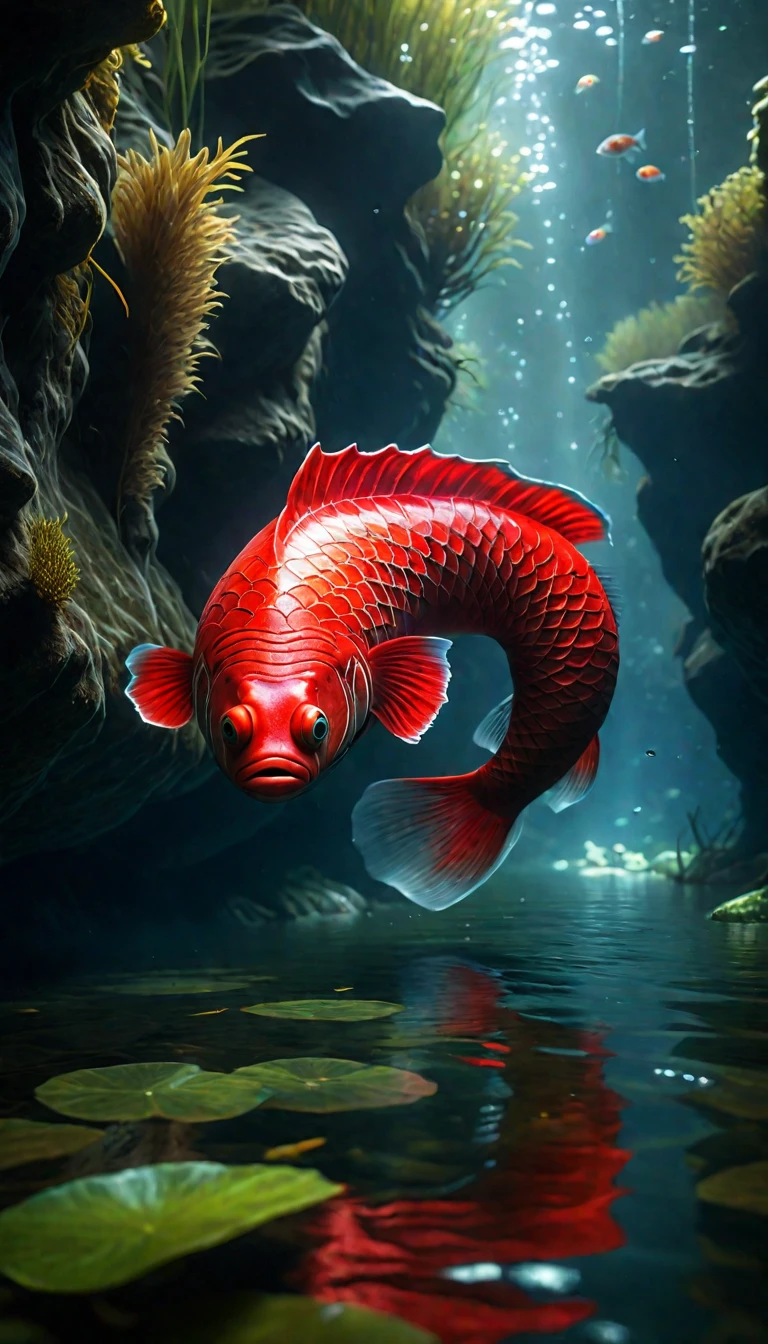 There is a red creature in the river that has a human face and a fish body.,Mysterious Creatures, (best quality,4K,8K,High level,masterpiece:1.2),Ultra Detailed,(lifelike,Photo real,Photo real:1.37),Highly detailed animals,Complex patterns,Realistic lighting,Fantasy Creatures