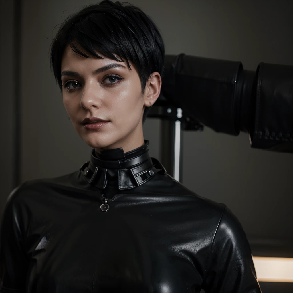 Dark art, Ai robot vampire beautiful girl wearing black leather top in black short hair cut