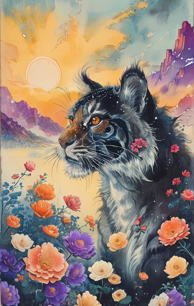 A white dragon lies in the middle of an endless field full of purple flowers, surrounded by snow-capped mountains and a blue sky sparkling with golden sunset rays. The whole scene is filled with a dreamy atmosphere, with vibrant colors and detailed background elements rendered in high resolution and detailed in a top quality illustration style. A girl with black hair and white eyes, dressed in dark , stands next to an anthropomorphic tiger, both looking at the camera. The background is adorned with intricate patterns of flowers and leaves., with a black color scheme, taken from a low angle shot, with high resolution and high detail, a masterpiece