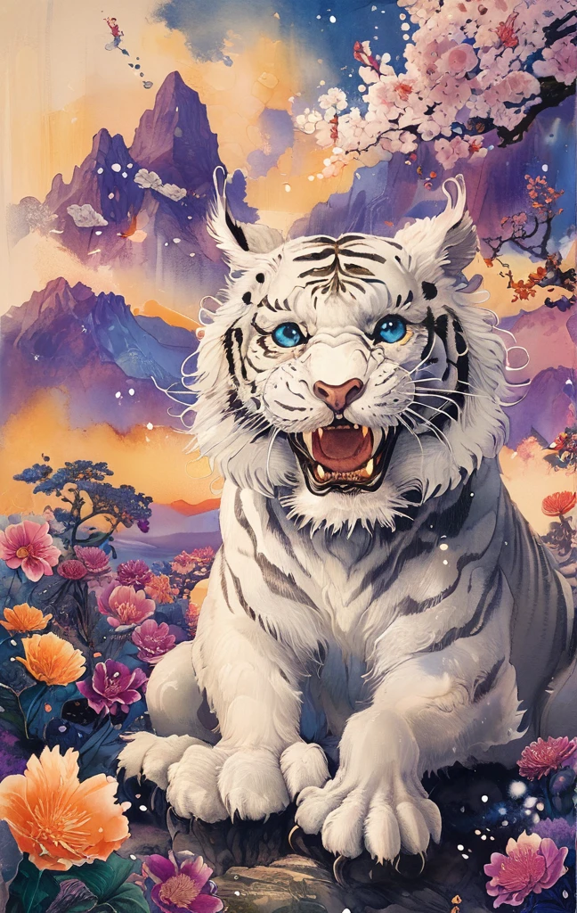 A white dragon lies in the middle of an endless field full of purple flowers, surrounded by snow-capped mountains and a blue sky sparkling with golden sunset rays. The whole scene is filled with a dreamy atmosphere, with vibrant colors and detailed background elements rendered in high resolution and detailed in a top quality illustration style. A girl with black hair and white eyes, dressed in dark , stands next to an anthropomorphic tiger, both looking at the camera. The background is adorned with intricate patterns of flowers and leaves., with a black color scheme, taken from a low angle shot, with high resolution and high detail, a masterpiece