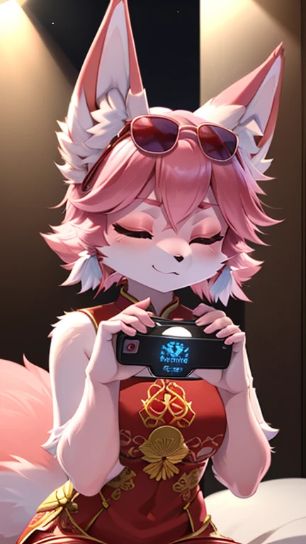 Very detailed content, high quality, masterpiece, beautiful, Yae Miko Fox,  With eyes closed,, Telephone, sunglasses,，hand（Fox Paw），full，Two fox ears，hairy，There are red patterns on the face，Pink skin，The pink haired one，Cheongsam costume