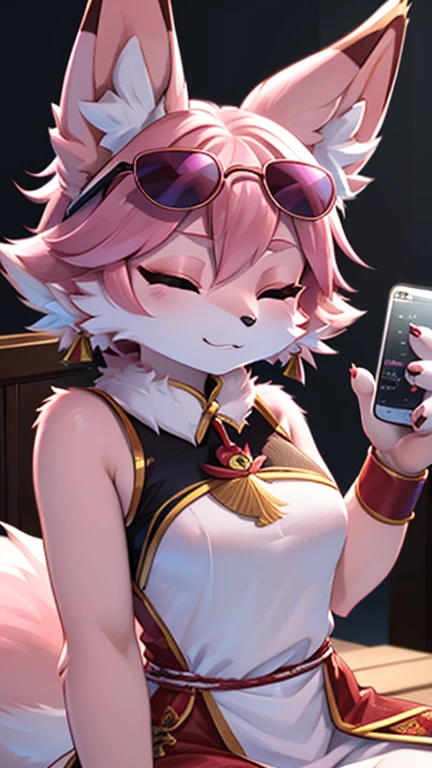 Very detailed content, high quality, masterpiece, beautiful, Yae Miko Fox,  With eyes closed,, Telephone, sunglasses,，hand（Fox Paw），full，Two fox ears，hairy，There are red patterns on the face，Pink skin，The pink haired one，Cheongsam costume