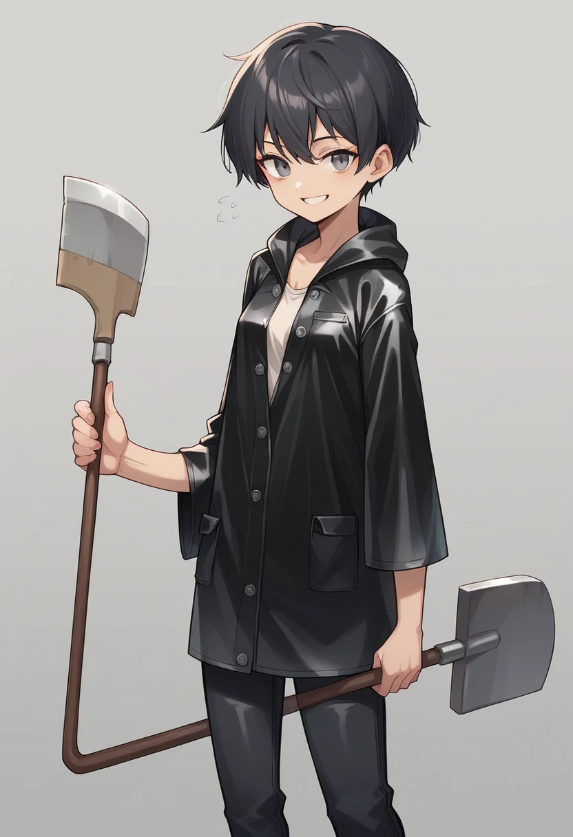 ((very tall girl)), 1 girl, full height, black very short hair, small breasts, in a long ((((black)))) leather raincoat, raincoat unbuttoned, small breasts, gray eyes, smiling, T-shirt and pants under the raincoat, holding a long shovel in her hands, 1 girl in the frame, black raincoat, 1 shovel