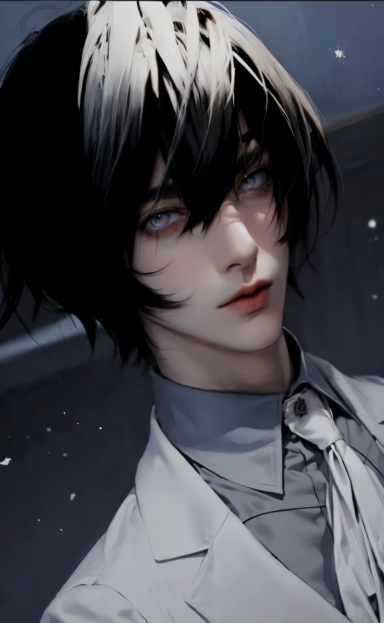 (masterpiece,best quality,ultra_detailed,highres,absurdres),1 mature male, 30-ish, (wide shoulder), (muscular), male focus, solo, black hair, chain, shirt, black necktie, necktie, simple background, Red eyes, upper body, vest, long hair, looking at viewer, parted lips, collared shirt, round eyewear, long sleeves, black shirt, black vest, monocle, jewelry, lawyer, court background.