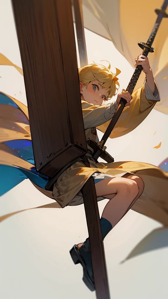 A 10-year-old teenager with blond hair swinging a medieval one-handed wooden sword 