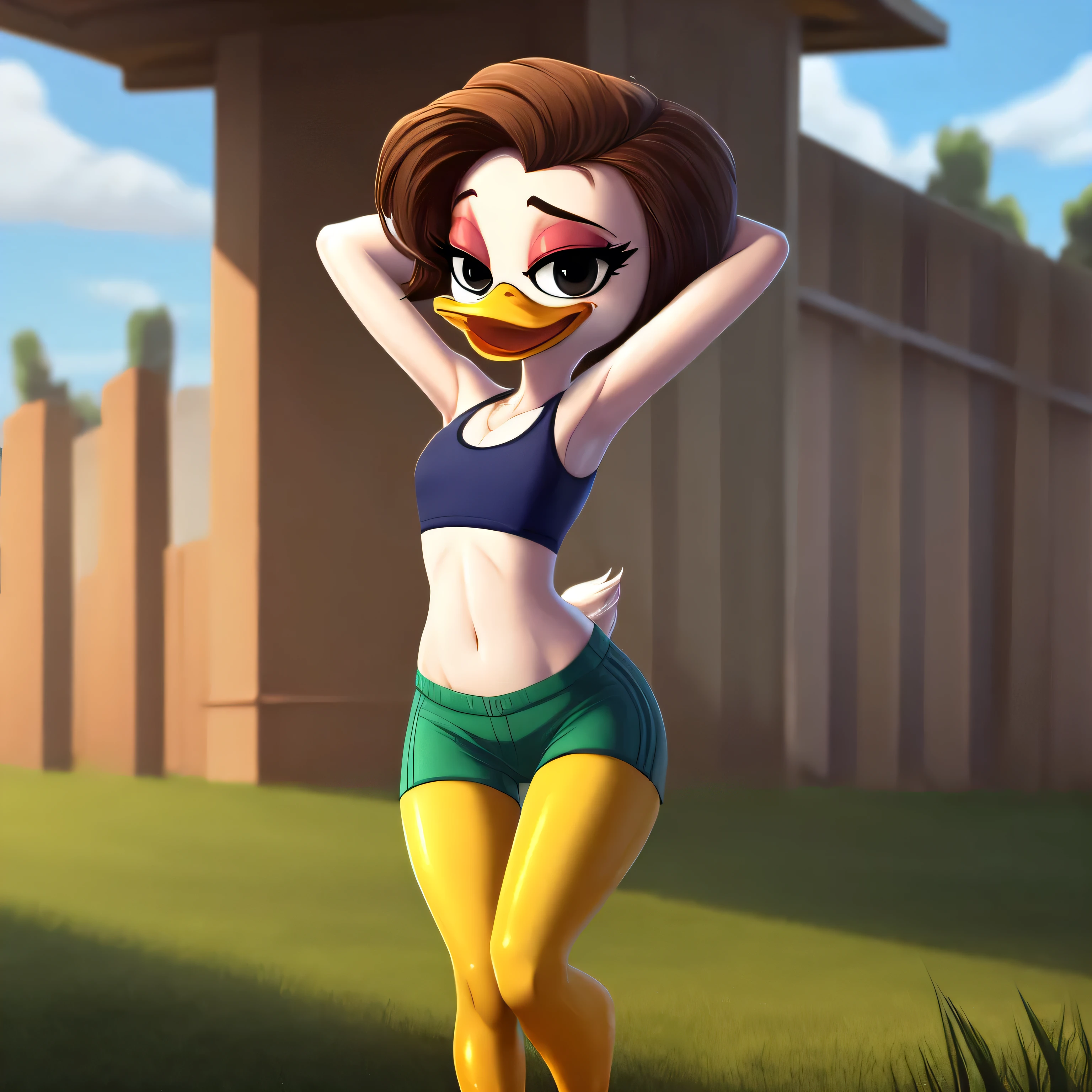 Lana Duck, female duck, brown hairstyle, (yellow legs: 1.6), duck, wears green sports bra, detailed, green shorts, happy, smiling, black eyes, scut tail, flat chested, (detailed white skin: 1.3), (skinny torso: 1.2), cartoon, red eyeshadow, ducktales, eyeliner, intricate, 8k hd, highest quality, beak, hands behind head, standing, solo:1.2, duck beak, eyeliner, black eyes, (outside), (looking at viewer), (soft cinematic light:1.1), (showing her torso), (lovable attitude),
