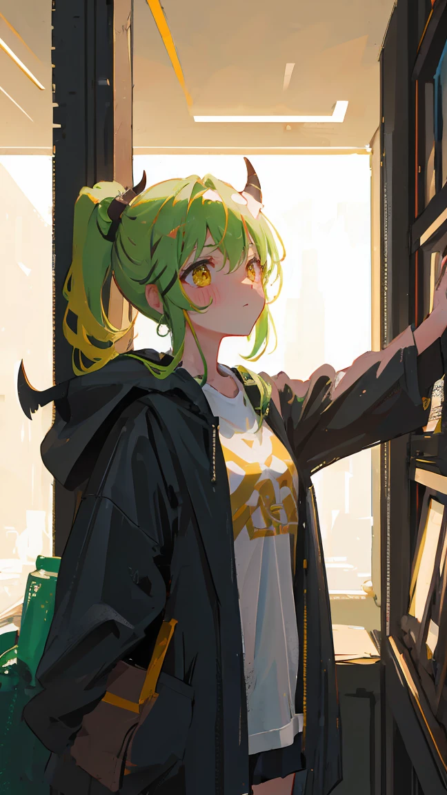 masterpiece, best quality, illustration, upper body, 1girl, looking at viewer, lime color hair, medium hair, olive color eyes, have ponytail hairstyle on her head, demon horns, black coat, indoors, dimly lit, 16k quality, >, colorful, best quality, no glitches on image, no override, have deep shadows, masterpiece, super detail, advanced quality for background and shadows, all body.
