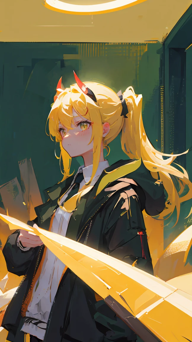 masterpiece, best quality, illustration, upper body, 1girl, looking at viewer, lime color hair, medium hair, olive color eyes, have ponytail hairstyle on her head, demon horns, black coat, indoors, dimly lit, 16k quality, >, colorful, best quality, no glitches on image, no override, have deep shadows, masterpiece, super detail, advanced quality for background and shadows, all body.
