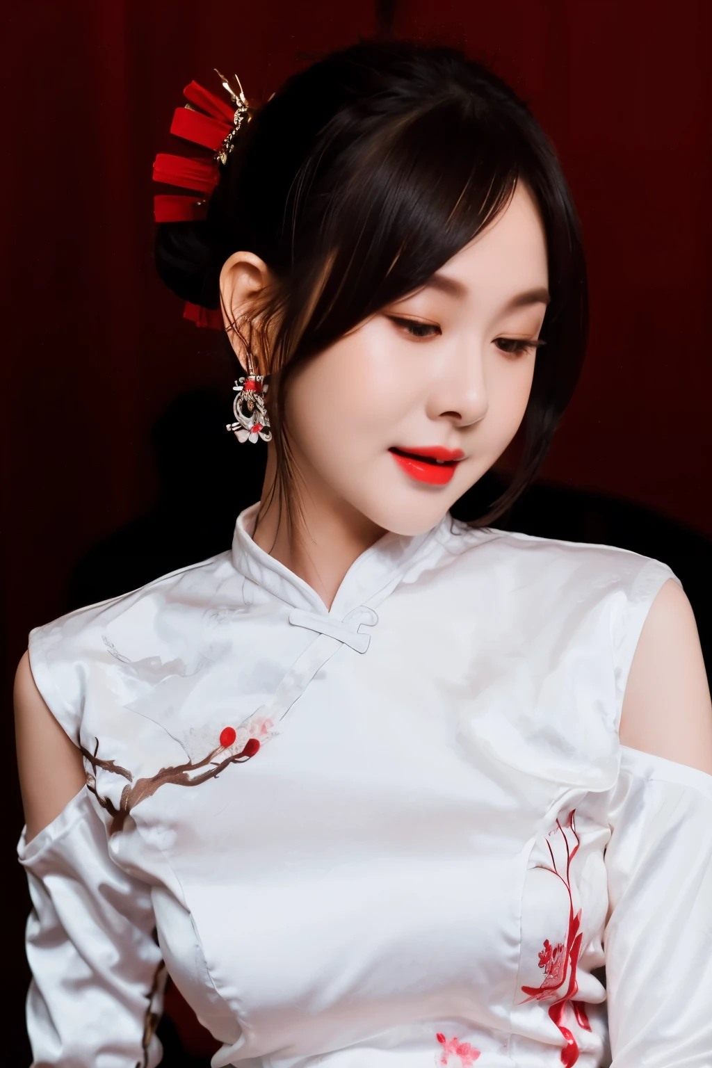 1 girl, hair accessories, alone, flower, hair flower, candle, earrings, jewelry, black hair, black eyes, Fuzzy, Lips, Red Lips, looking at the audience, tassel, Depth of Field, cosmetics, actual,(Red_clothing:1.3),chinese clothing, 碎flower, Upper Body, Large Breasts, Off-shoulder
