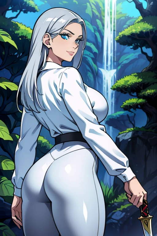 Masterpiece, high quality full length portrait of 1 woman (maduro)) YOUNG), holding a dagger knife, exhausting ((long sleeve white shirt.)), (shiny black leggings), beautiful thin face, detailed face, long hair, (silver gray hair), BIG BREASTS, pale and light skin, detailed eyes, ((blue eyes)), smug happy expression, set in a dark forest environment background, view from behind, perfect ass