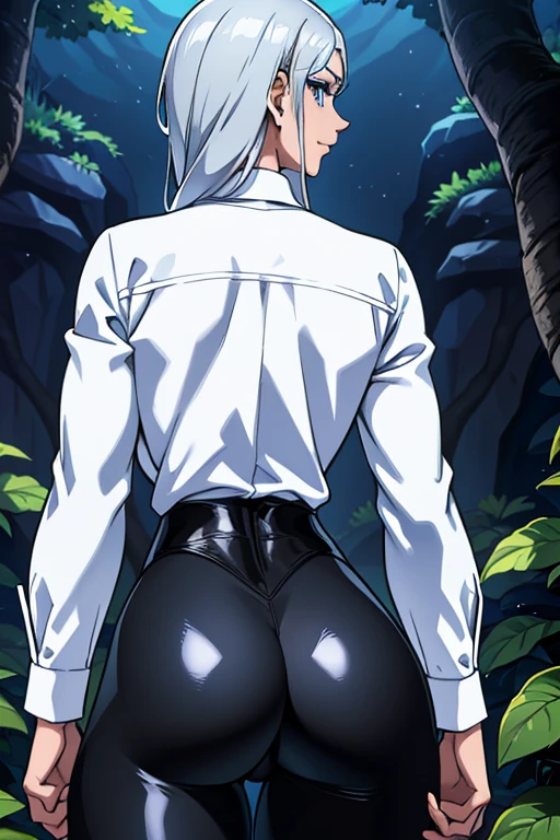 Masterpiece, high quality full length portrait of 1 woman (maduro)) YOUNG), holding a dagger knife, exhausting ((long sleeve white shirt.)), (shiny black leggings), beautiful thin face, detailed face, long hair, (silver gray hair), BIG BREASTS, pale and light skin, detailed eyes, ((blue eyes)), smug happy expression, set in a dark forest environment background, view from behind, perfect ass
