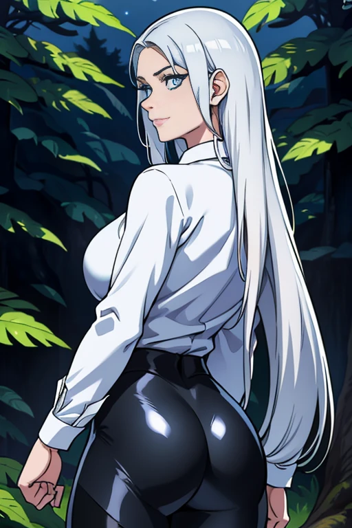 Masterpiece, high quality full length portrait of 1 woman (maduro)) YOUNG), holding a dagger knife, exhausting ((long sleeve white shirt.)), (shiny black leggings), beautiful thin face, detailed face, long hair, (silver gray hair), BIG BREASTS, pale and light skin, detailed eyes, ((blue eyes)), smug happy expression, set in a dark forest environment background, view from behind, perfect ass