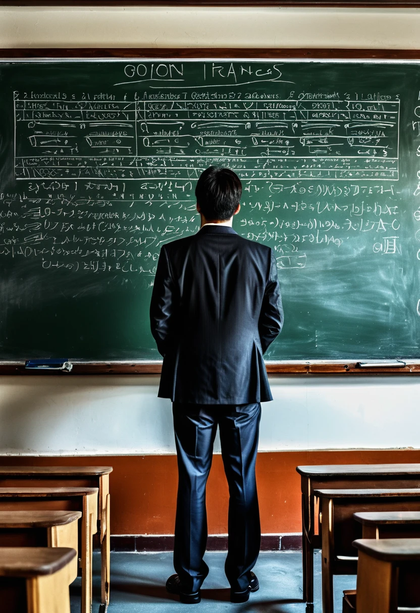 (Wearing Glasses), the teacher stands in front of the blackboard, with glasses reflecting classroom lights as the head rotates. The chalk in hand leaves clear handwriting on the blackboard, explaining the course. The background is a student listening quietly, full body, (Photography), panoramic view, award-winning, cinematic still, emotional, vignette, dynamic, vivid, (masterpiece, best quality, Professional, perfect composition, very aesthetic, absurdres, ultra-detailed, intricate details:1.3)