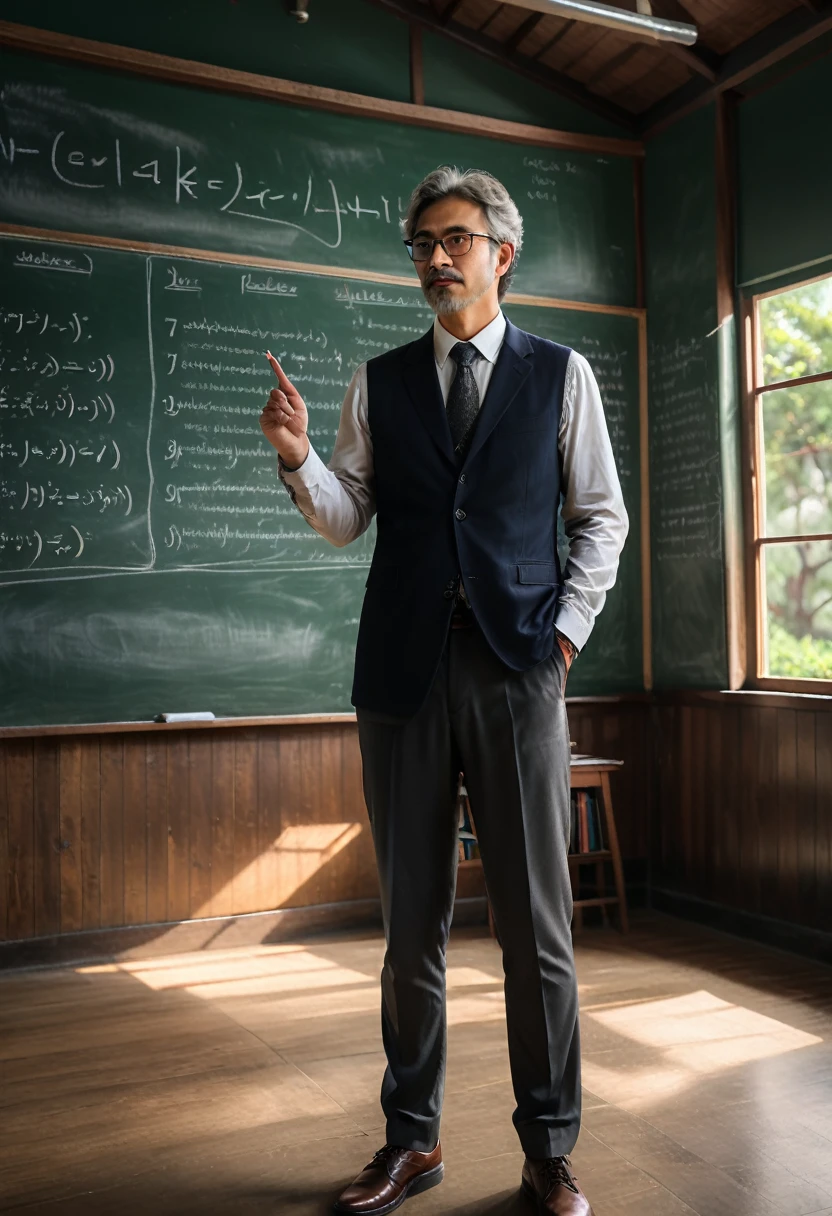 (Wearing Glasses), the teacher stands in front of the blackboard, with glasses reflecting classroom lights as the head rotates. The chalk in hand leaves clear handwriting on the blackboard, explaining the course. The background is a student listening quietly, full body, (Photography), panoramic view, award-winning, cinematic still, emotional, vignette, dynamic, vivid, (masterpiece, best quality, Professional, perfect composition, very aesthetic, absurdres, ultra-detailed, intricate details:1.3)