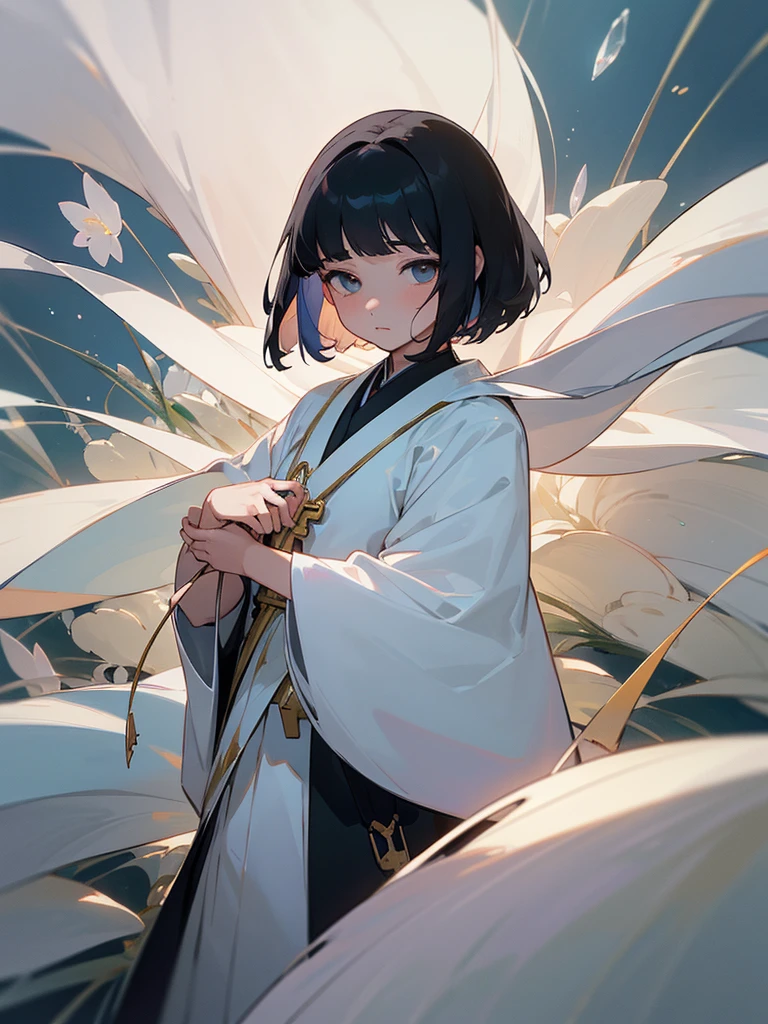 (8K, RAW Photos, Highest quality, masterpiece: 1.2),, Super detailed, 1 Girl, cute, alone, key anime visuals、Simple design、Airy、Uplifting、Glasswork、Mother of pearl細工、Mother of pearlの美しいフェルメールブルーの輝き、Background is white、Mother of pearl、Mother of pearl細工で表現された美少女、Beautiful lacquer-like black hair、Bob、whole body、art、Detailed writing