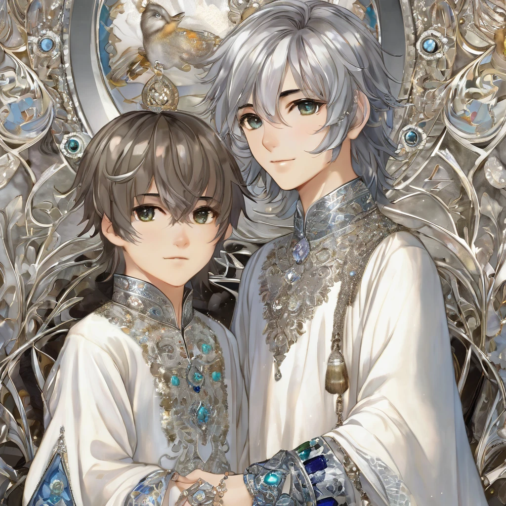 A boy with a fair-skinned boy with silver and brue hair styled in medium-length hair.
He has brue eyes.
His attire consists of a white dress adorned with brue and silver details, loose sleeves of patterned brue fabric, and a silver bracelet on her right wrist.
His dress is embellished with various brue gems and decorated with intricate silver patterns.